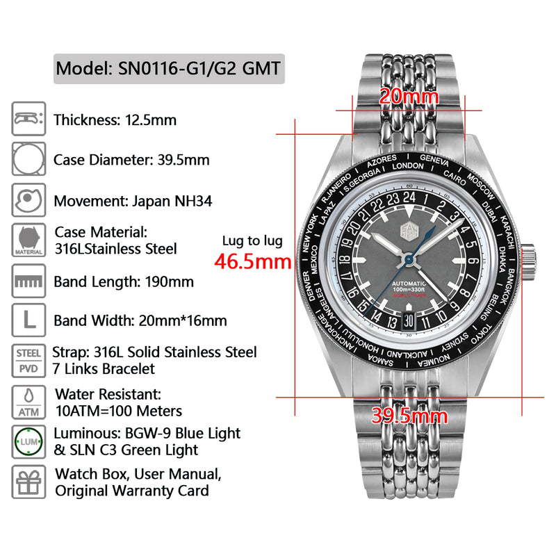 SAN MARTIN SN0116-G1/G2 GMT 機械錶