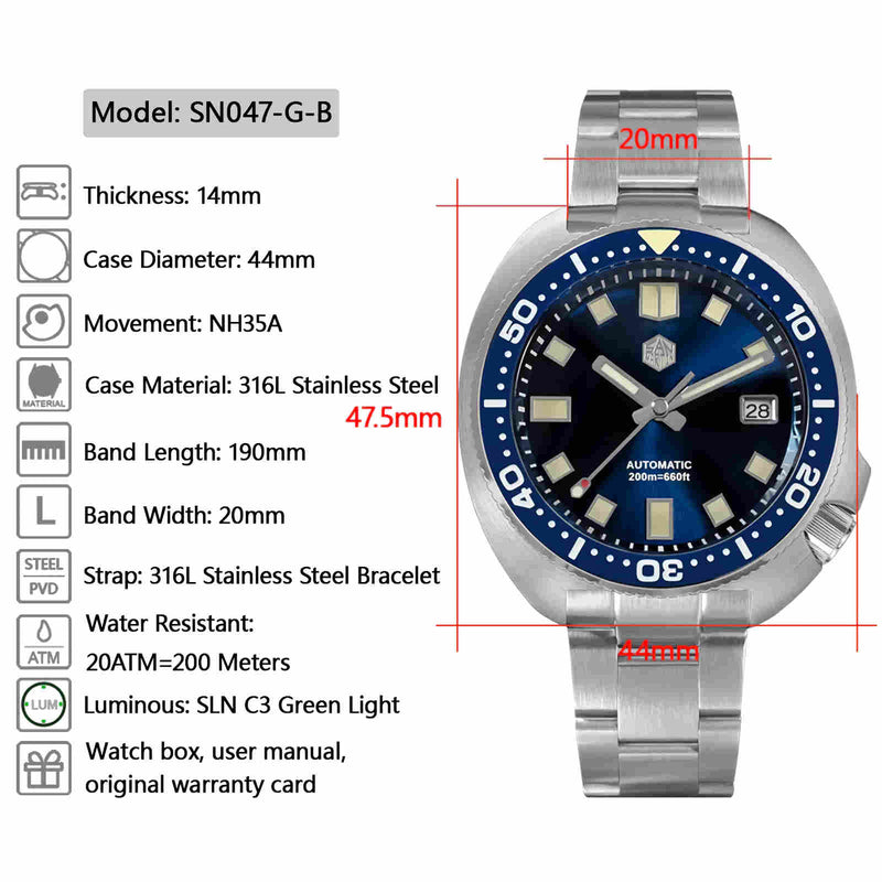 SAN MARTIN SN047-G-B Turtle Diving 機械錶