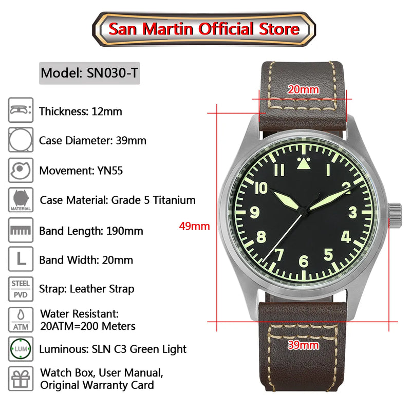 San Martin SN0030-T A款 Pilot Titanium Vintage Military Enthusiasts YN55 Automatic Mechanical Men Watch Leather Strap