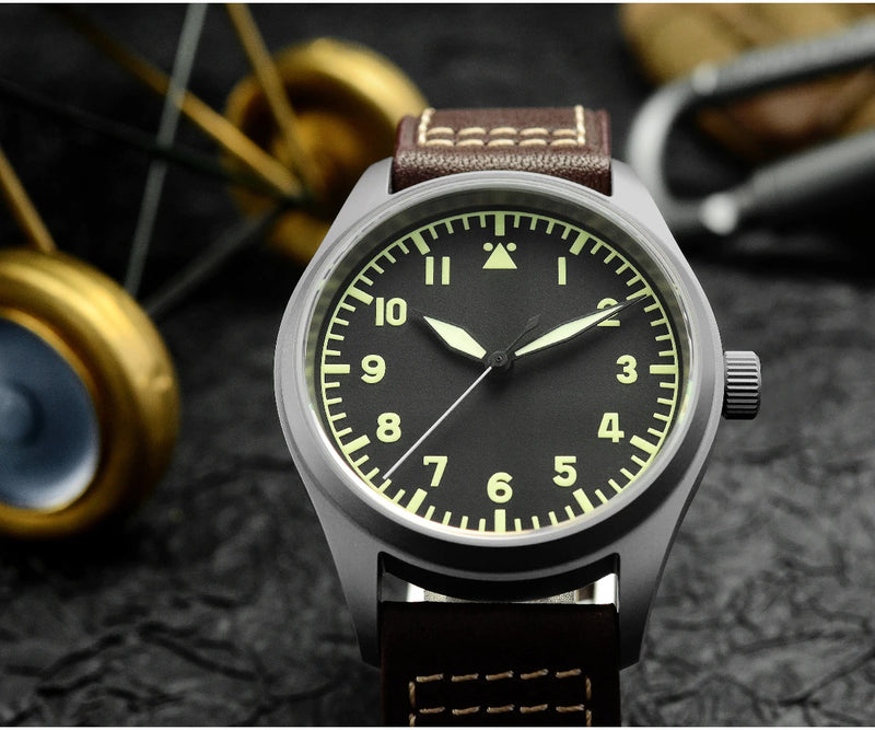 San Martin SN0030-T A款 Pilot Titanium Vintage Military Enthusiasts YN55 Automatic Mechanical Men Watch Leather Strap