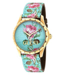 GUCCI古馳 YA1264085 G-Timeless Aqua Floral Print Dial & Leather Band Ladies Watch