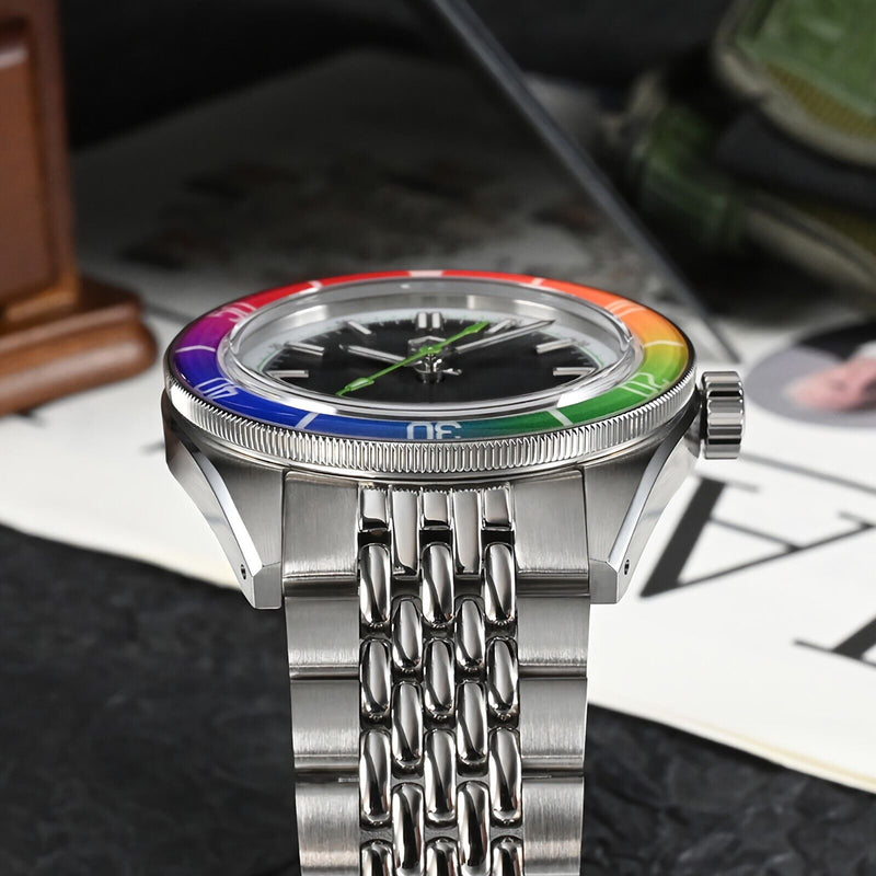 SAN MARTIN SN0116-G-B1 Automatic Date Disp. Rainbow Bezel Sapphire 39.5mm Watch