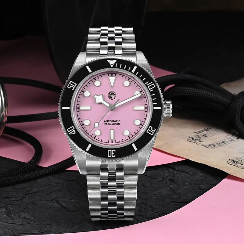 SAN MARTIN SN0128-G4 Automatic Pink BB Dial Sapphire 40mm 200M Men's Diver Watch