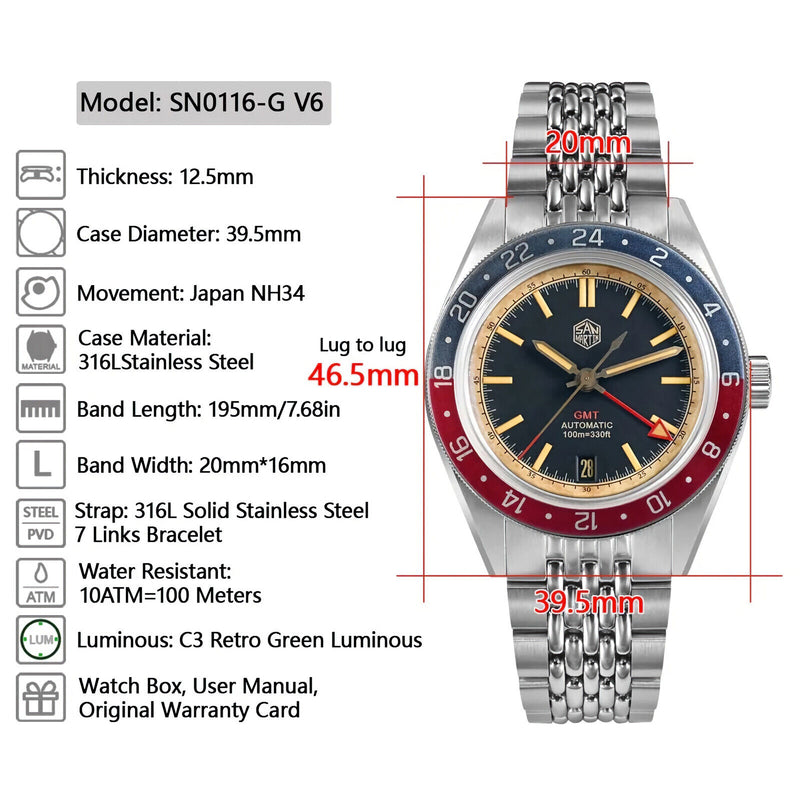 SAN MARTIN SN0116-G V6 GMT Automatic Date Dis Stainless Steel 39.5mm Retro Watch