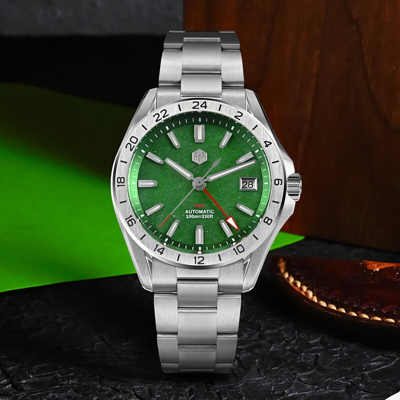 SAN MARTIN SN0129-G-B1 GMT Automatic Red Agate/Green Jade Stone Dial 39mm Watch