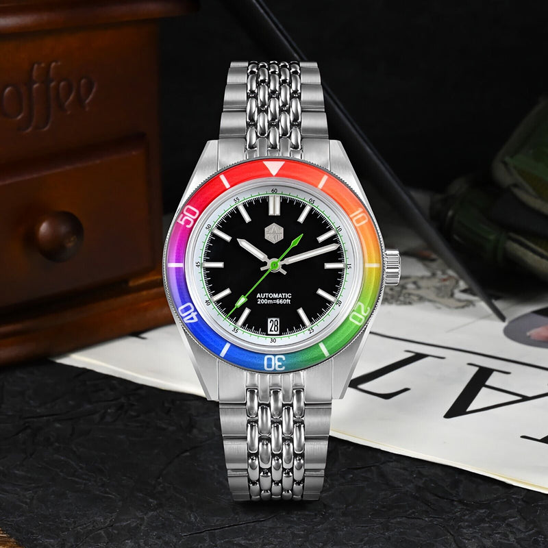 SAN MARTIN SN0116-G-B1 Automatic Date Disp. Rainbow Bezel Sapphire 39.5mm Watch