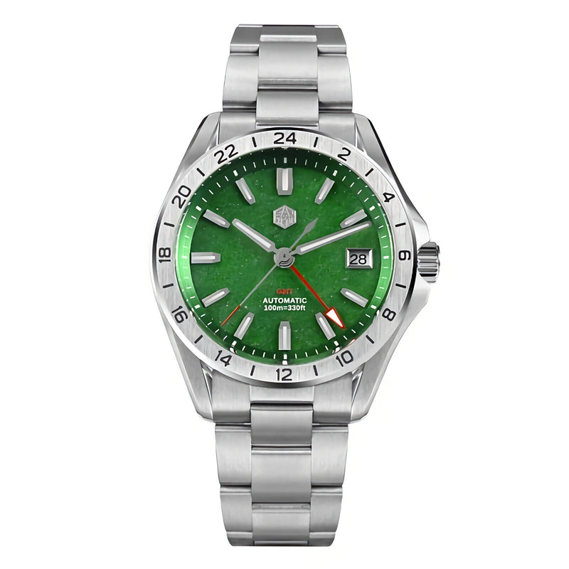 SAN MARTIN SN0129-G-B1 GMT Automatic Red Agate/Green Jade Stone Dial 39mm Watch