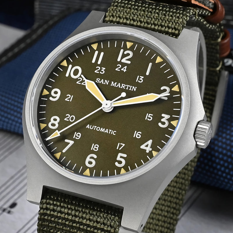 SAN MARTIN SN0137-G Automatic Bead Blasted Case 38mm 10ATM Military Pilot Watch