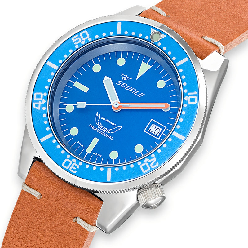 SQUALE 鯊魚仔 Ocean Leather 1521OCN.PC 光身錶殼 Blue Dial 500米防水 瑞士製造 潛水錶
