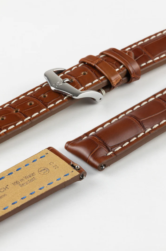 Hirsch CAPITANO Padded Alligator Leather Water-Resistant Watch Strap in GOLD BROWN 鰐魚皮 防水錶帶