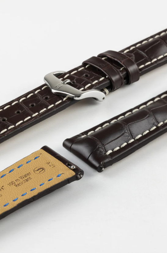 Hirsch CAPITANO Padded Alligator Leather Water-Resistant Watch Strap in BROWN 鰐魚皮 防水錶帶